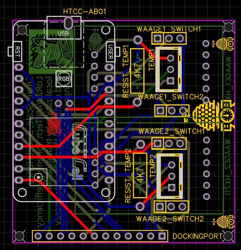 Kompaktes PCB-Layout mit Heltec CubeCell, Dockingport, Waage 1 und Waage 2