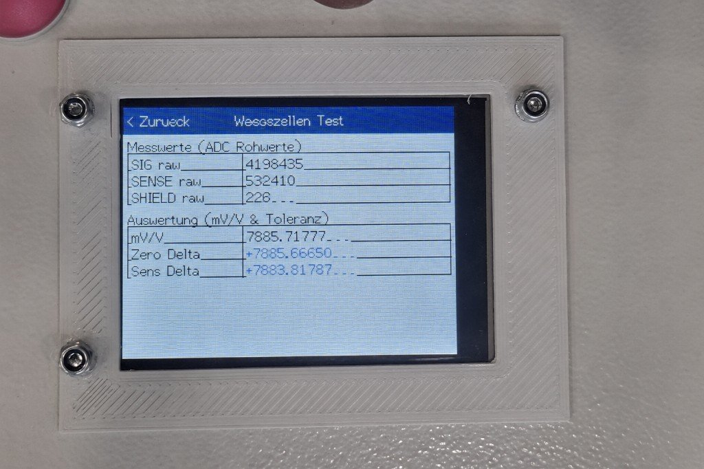 Displaymaske Messzellen-Test mit ADC-Rohwerten und mV/V-Auswertung